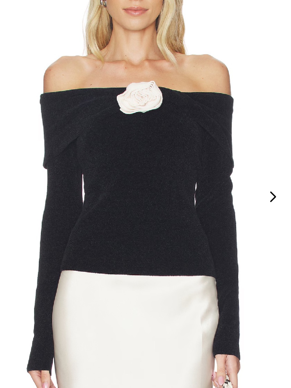 Lovers + Friends Eliana Rosette Off Shoulder Sweater Black White NWT